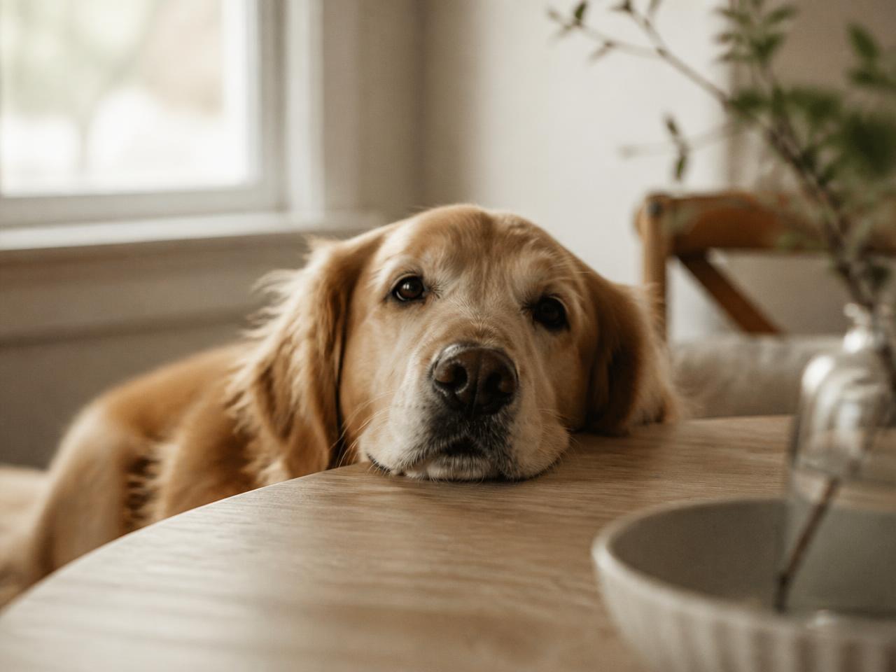 Hund som vilar huvudet på ett köksbord i mjukt dagsljus